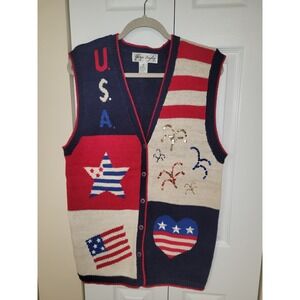 Patriotic Vest M USA Gladys Bagley American Flag Knit Sequin/Beads/Embroidered